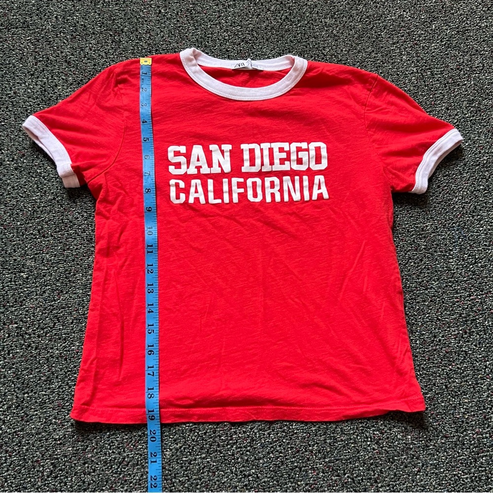 ZARA Red & White Varsity Baseball Graphic Short-Sleeve Ringer T-Shirt Shirt sz M - Picture 14 of 16